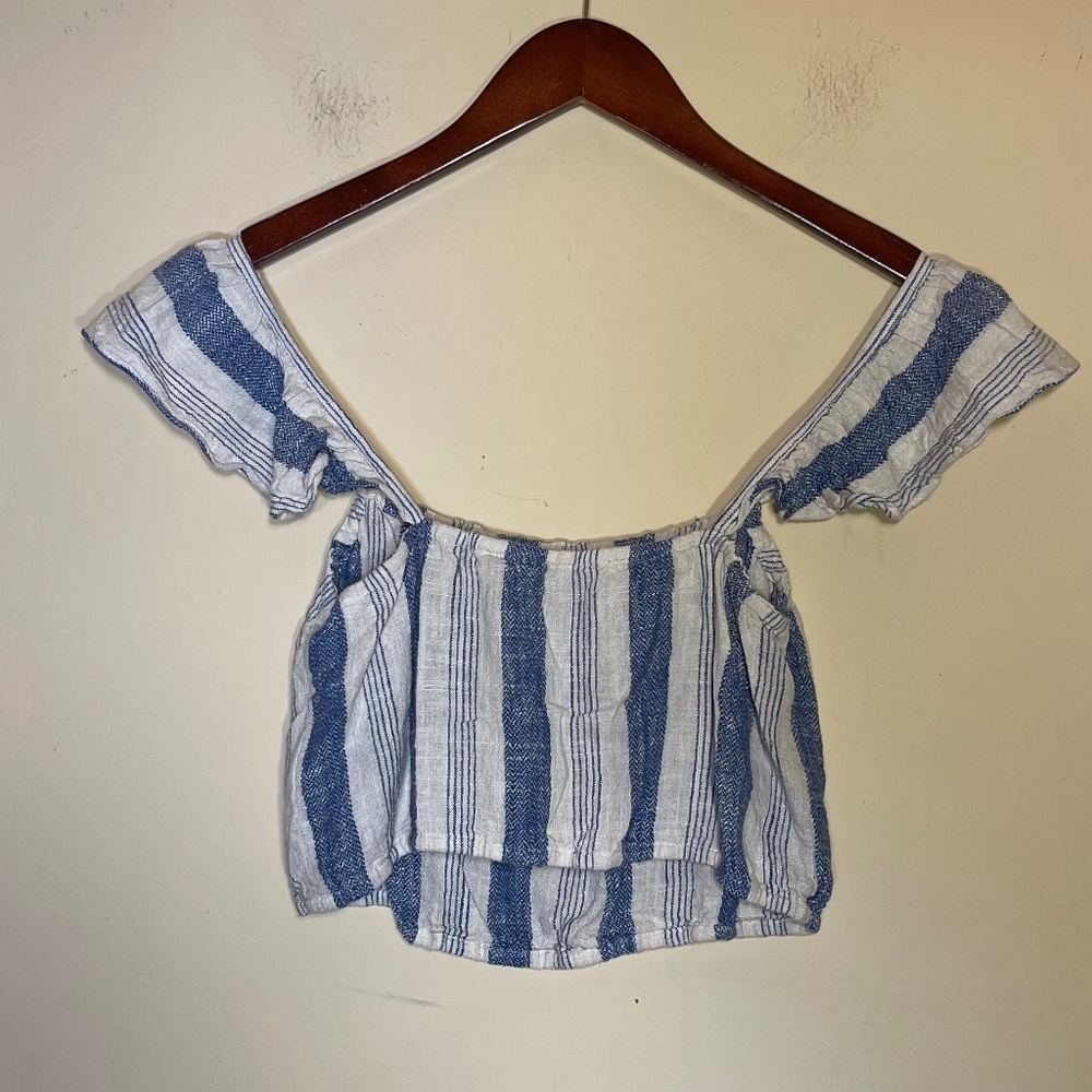 Alice + Olivia Blue and White Striped Off-Shoulder Top - Picture 2 of 7